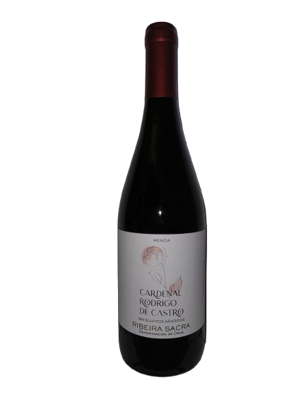 Bottle of Cardenal Rodrigo de Castro 2024 Mencía red wine, Ribeira Sacra, made without added sulfites