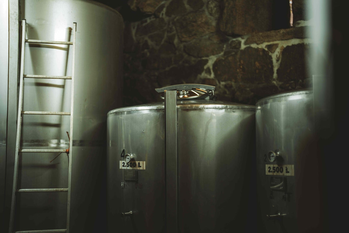 Stainless steel tanks and ladders in the bodega cellar