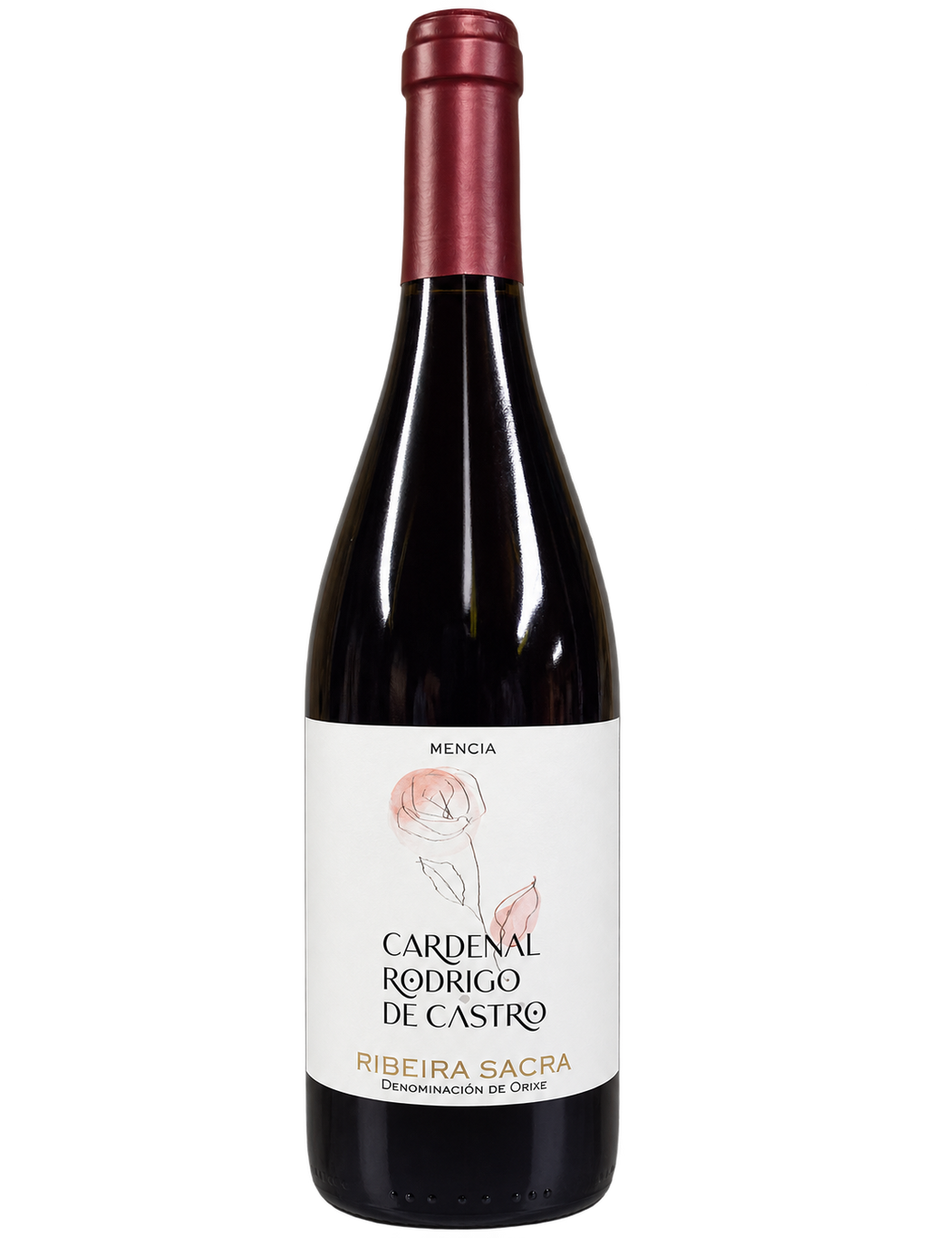 Upright bottle of Cardenal Rodrigo de Castro Tinto 2024 Mencía, Ribeira Sacra, made without added sulfites