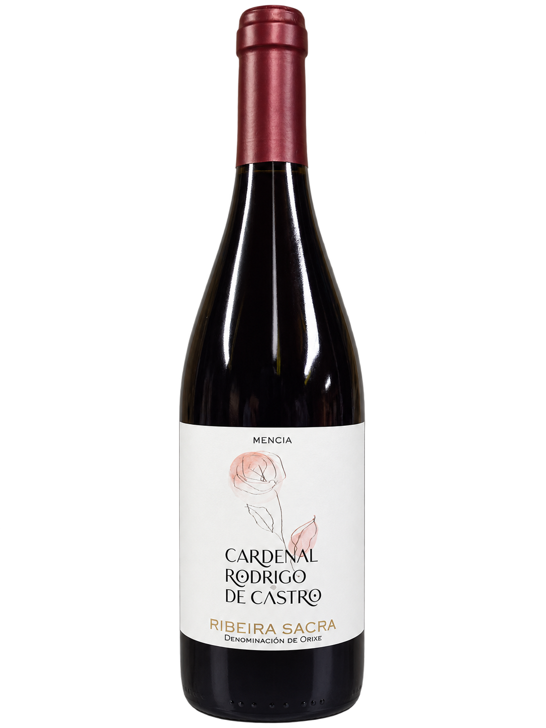 Upright bottle of Cardenal Rodrigo de Castro Tinto 2024 Mencía, Ribeira Sacra, made without added sulfites